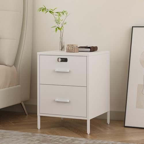 Steehoom Nightstand,2 Drawer Metal Locker End Table Lockable Bedside Table Storage Cabinet for Bedroom, Dorm, 21.26”H X 15.75”W X 15.75”D (2 Drawer, White) - color: White, style: 2 Drawer