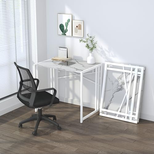 Lutown-Teen 32 inch Folding Small Desk, Writing Gaming Computer Camping Desk for Small Spaces, No Assembly Required Home Office Desk, White Marble - color: White Marble, size: 32 Inch