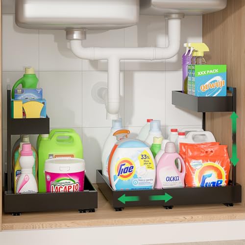 REALINN L-Shaped Under Sink Organizer with 6-Level Height Adjustment & Expandable Width, Pull-Out Cabinet Storage Rack with Quiet Sliding Rails for Kitchen, Bathroom, Black, 2 Pack - color: Black, size: 2 Pack