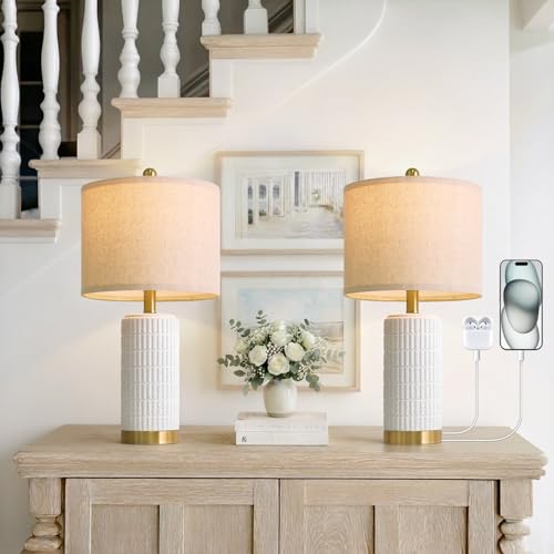 PoKat 21.5'' Stone-Like Bedside Table Lamps Set of 2 for Bedroom with 2 USB A+C, Modern Lamps for Living Room, Ceramic Nightstand Desk Lamps with Charging Ports Office Dorm Sideboard (Frosted White) - color: Frosted White - Dual USB Ports