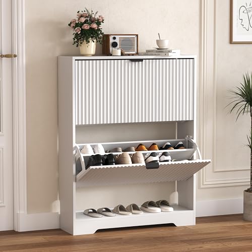 HUANLEGO Shoe Cabinet Storage for Entryway with 2 Flip Drawers, White Fluted Shoe Cabinet with Open Storage, Wooden Hidden Shoe Rack Freestanding Narrow Slim Shoes Organizer for Hallway, Entrance - color: White, size: 2 Drawer