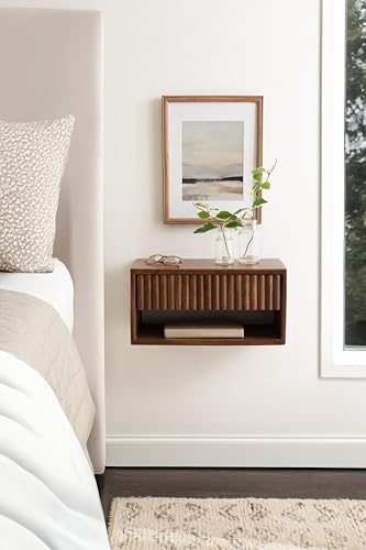 Kate and Laurel Reid Ribbed Wooden Tiered Floating Side Table, 18 x 10 x 9, Walnut Brown, Modern Rectangular Mango Wood Floating Nightstand with Drawer for Bedroom Storage or Living Room End Table - color: Walnut Brown
