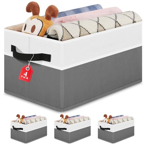 Large Shelf Storage Bins [4 Pack],Decorative Collapsible Storage Basket,Fabric Closet Organizer and Home Storage Cubes with Handles for Organizing Books, Clothes, Toys, Nursery（Grey） - color: Grey