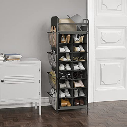 Simple Houseware 16 Cube Shoe Stand Tower Rack 8 Tier with Top Shelf and Side Hanging Pockets, Dark Gray - color: Dark Gray
