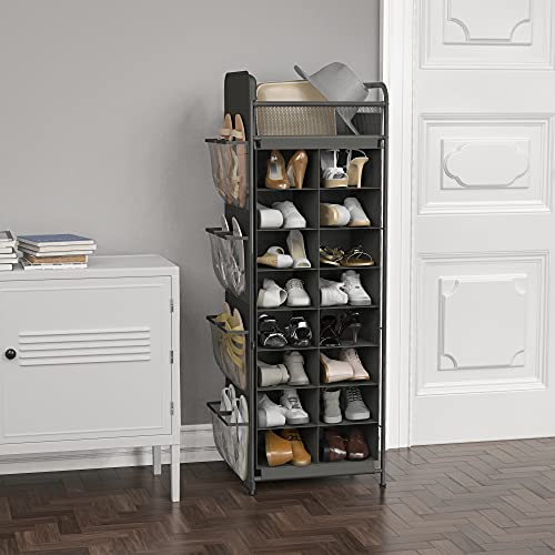 Simple Houseware 16 Cube Shoe Stand Tower Rack 8 Tier, Dark Gray | Top Shelf and Side Hanging Pockets - color: Dark Gray