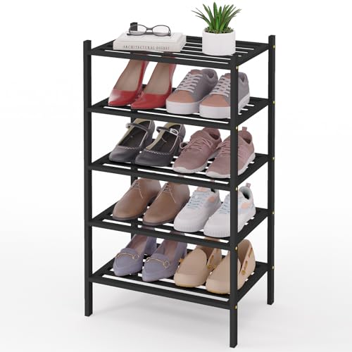 Smiry Small Bamboo Shoe Rack, 5 Tier Free Standing Wooden Shoe Organizer, Stackable Wood Shoe Storage Shelf for Closet, Entryway, 5 Horizontal Slats, 17.3"x11"x31.3", Black - color: Black, size: 5 Tier - 17.3" Wide