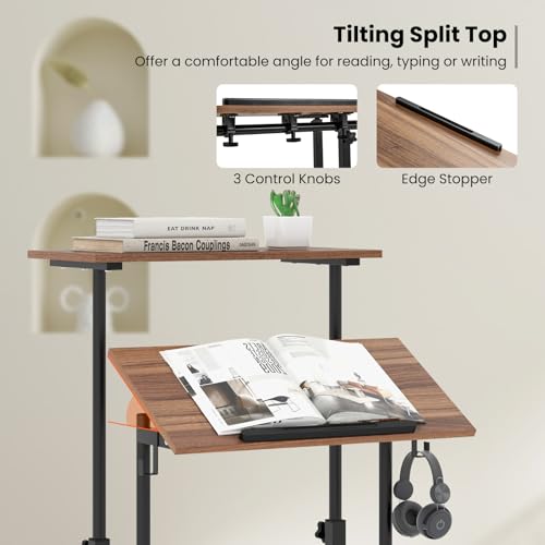 Tangkula Mobile Standing Desk, Height-Adjustable Laptop Podium Cart with Tilting Tabletop & Adjustable Angle, Rolling Stand Up Computer Desk with 2 Hanging Hooks & Lockable Casters for Home Office - color: Brown