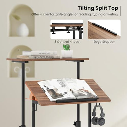 Tangkula Mobile Standing Desk, Height-Adjustable Laptop Podium Cart with Tilting Tabletop & Adjustable Angle, Rolling Stand Up Computer Desk with 2 Hanging Hooks & Lockable Casters for Home Office - color: Brown