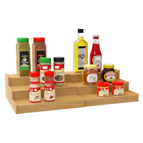 Lenwi Spice Rack Organizer for Cabinet, 3 Tier Expandable Bamboo Spice Storage for Kitchen Cupboard Pantry - color: Bamboo