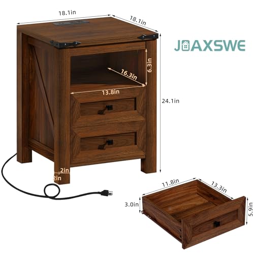 Joaxswe Nightstands Set of 2 with Charging Station, Farmhouse Side End Table with 2 Drawers and Open Shelf, Wood Rustic Sofa Table, Bedside Cabinet for Bedroom, Living Room, Closet, Office(Brown) - color: Brown, size: 2 pack