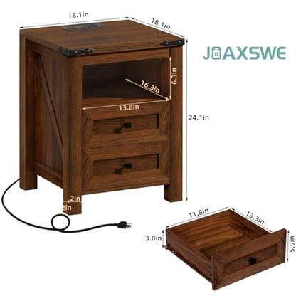 Joaxswe Nightstands Set of 2 with Charging Station, Farmhouse Side End Table with 2 Drawers and Open Shelf, Wood Rustic Sofa Table, Bedside Cabinet for Bedroom, Living Room, Closet, Office(Brown) - color: Brown, size: 2 pack