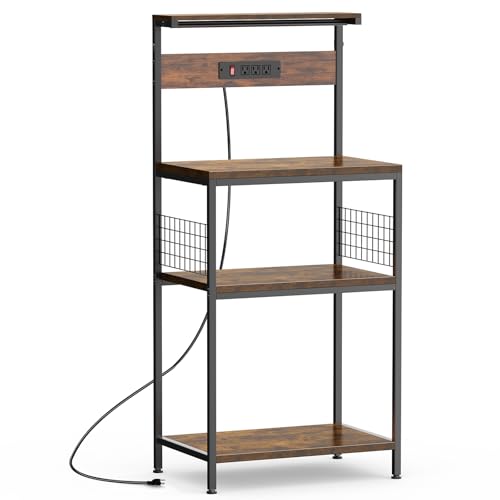 Sweetcrispy Kitchen Bakers Rack with Power Outlet, 24" Microwave Oven Stand with Adjustable Shelf for Kitchen Organization, Coffee Bar Station, Small Apartment, Counter Space Saving, Rustic Brown - color: Rustic Brown, size: 24 inch