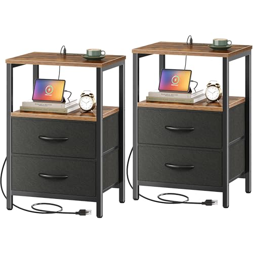 Huuger Nightstands Set of 2, End Tables with Charging Station, Side Tables with Fabric Drawers, Bedside Tables with USB Ports and Outlets, Night Stands for Bedroom, Rustic Brown and Black - color: Rustic Brown and Black, size: 11.8"d X 15.7"w X 23.6"h (2
