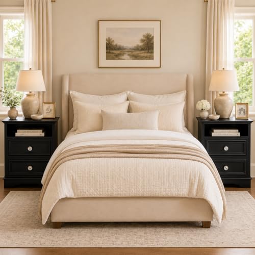 Brafab Bedside Table Set of 2 with Hidden Drawer, 25" Tall | Black Night Stand with 2 Drawers and Open Shelf, Classic Wood Night Stands with Secret Storage for Bedroom, Guest Room - color: Black