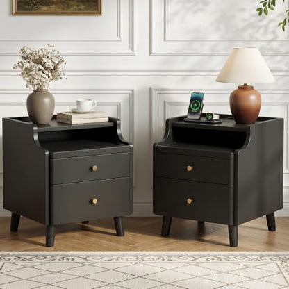 Nightstand Set of 2, Pre-Assembled, 19.7“H Solid Wood Night Stand with 2 Drawers, Open Sliding Shelf, Mid Century Modern Small Bedside Table for Bedroom, Black 16" - color: Black-2pack, size: 16"