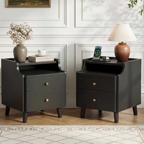 Nightstand Set of 2, Pre-Assembled, 19.7“H Solid Wood Night Stand with 2 Drawers, Open Sliding Shelf, Mid Century Modern Small Bedside Table for Bedroom, Black 16" - color: Black-2pack, size: 16"