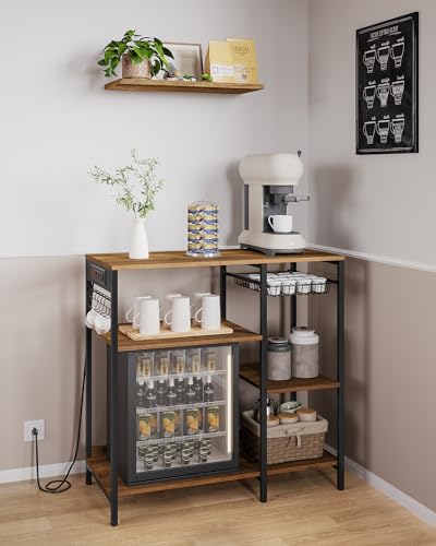 VASAGLE Baker's Rack, Coffee Bar Stand with Charging Station, 35.6 Inches Tall, Storage Shelves, Pull-Out Wire Basket, Table for Microwave, Kitchen, Honey Brown and Ink Black UKKS036K41 - color: Honey Brown + Ink Black, style: With Power Outlet