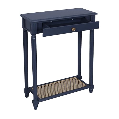East at Main Lenora Navy Narrow Console Table for Entryway with Drawer | 23.75-inch slim hallway table with cane shelf, solid wood frame, navy finish, traditional furniture for small spaces - color: Navy