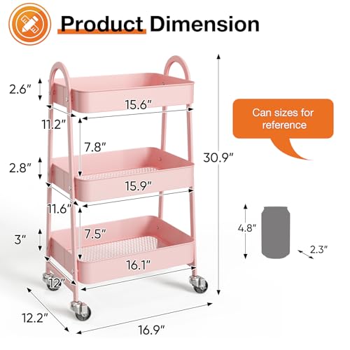 NEWBULIG 3-Tier Metal Rolling Cart with Lockable Wheels, Heavy Duty Mobile Utility Storage Shelf, Roller Book Snack Cart, Organization for Livingroom, Bathroom, Office, Pink | Mobile Organizer Shelf, Space-Saving, Freestanding, Bathroom, Living Room, Slim
