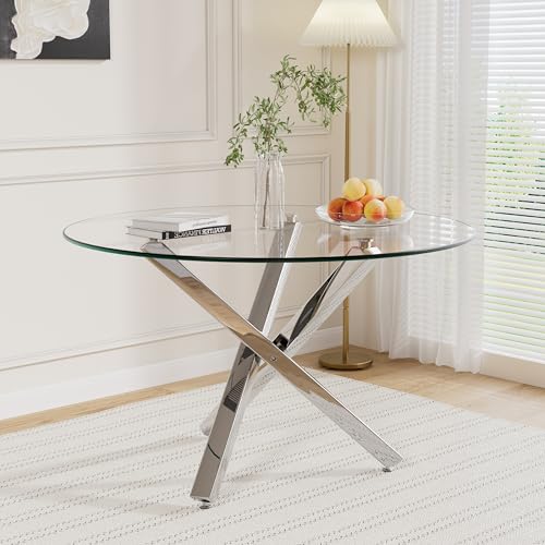 Round Glass Dining Room Table for 2 to 4 Person Modern Tempered Glass Top, Sturdy Chrome Legs, Adjustable Foot Pads, Kitchen Table for Living Room, Dining Room, Tea, 39.37 Inch, Square Silver Base - color: Square Silver Base, size: 39.37 Inch