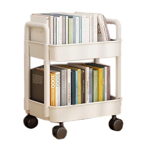 2 Tier Plastic Rolling Cart, Multi Function Cart with Lockable Casters with Hook, Stable and for Kitchen, Bathroom, Office, Living Room