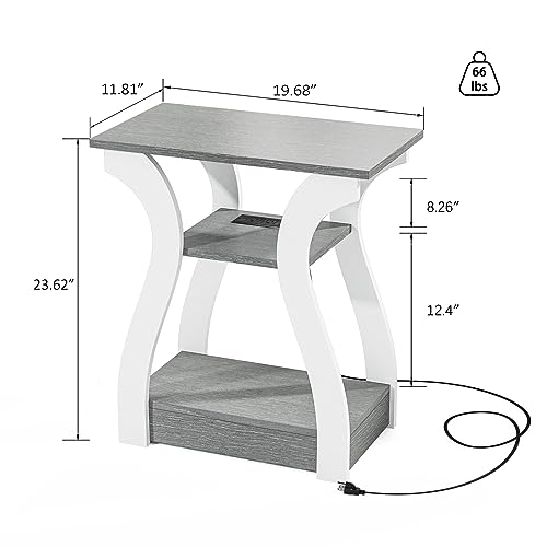 FROMJBEST End Tables Living Room, Grey End Table with Charging Station | Side Table Living Room, with USB Ports and Outlets, Nightstand for Bedroom, 3-Tier Storage Shelf, Bedside Table - color: Grey