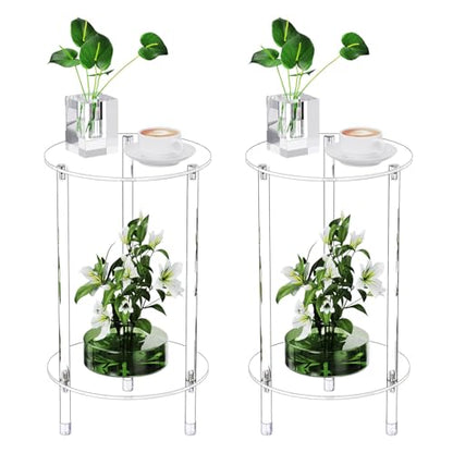 Clear Round Acrylic Side Table Set of 2 for Small Spaces, 11.81" L x 11.81" W x 19.82" H, 2 Tier Small Modern Drink End Table Nightstand, Mini Bedside Table for Living Room, Bedroom, Bathroom - size: 2 Tier 2-Pack (19.82"H)