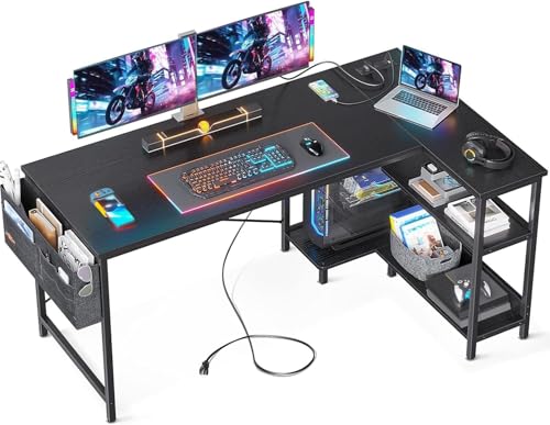 ODK 55 Inch Small L Shaped Computer Desk with Power Outlets, Corner Desk with PC Stand & Reversible Storage Shelves for Small Space Home Office Workstation, Modern Simple Writing Study Table, Black - size: 55 inch