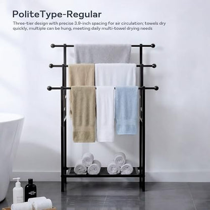 3 Tier Alloy Steel Towel Rack, 35" H Free Standing with Basket, Blanket Drying and Display for Oversized Bath Towels, Bathroom Accessories