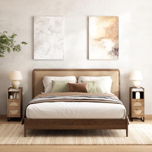 Narrow Nightstand for Small Spaces - 9.3" Slim Side Table with Rattan-Weave Drawers, Skinny Bedside Table with Open Shelf, Rustic Tall Thin Gap Filler for Bedroom & Sofa Side, Caramel Oak - color: Caramel Oak