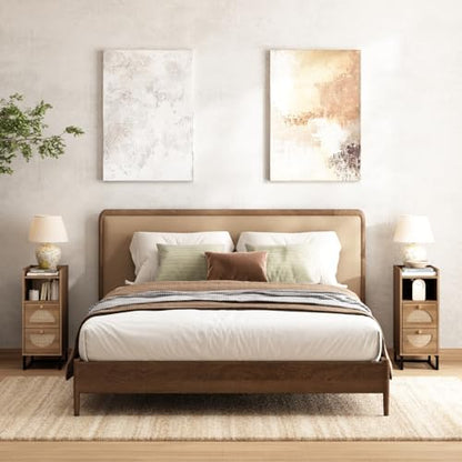 Narrow Nightstand for Small Spaces - 9.3" Slim Side Table with Rattan-Weave Drawers, Skinny Bedside Table with Open Shelf, Rustic Tall Thin Gap Filler for Bedroom & Sofa Side, Caramel Oak - color: Caramel Oak