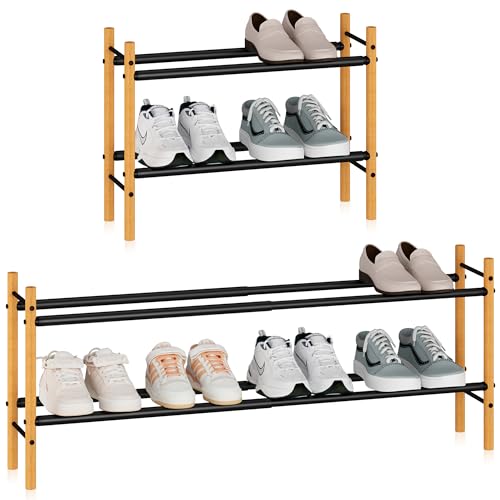 STORAGE MANIAC Expandable Shoe Rack, 8 Pairs Stackable Small Shoe Rack, Metal Adjustable Shoes Organizer for Closet, Entryway, Hallway, Garage, Front Door, Shoes Shelves, Bamboo 2 Tier - size: 2 Tier