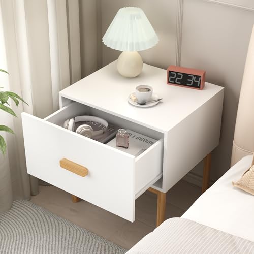 Modern Minimalist White Nightstand with Solid Pine Wood Legs & Spacious Drawer - Versatile Bedside Table for Bedroom, Living Room, or Small Apartment