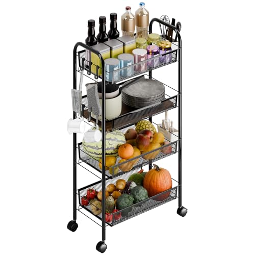Snack Cart with Wheels Fruit Vegetable Basket Storage Cart 4 Tier Stackable Metal Basket with 360 Degree Wheels 41 Inch High Kitchen Storage Pantry Bathroom (Black 4-Layers) - color: Black 4-layers