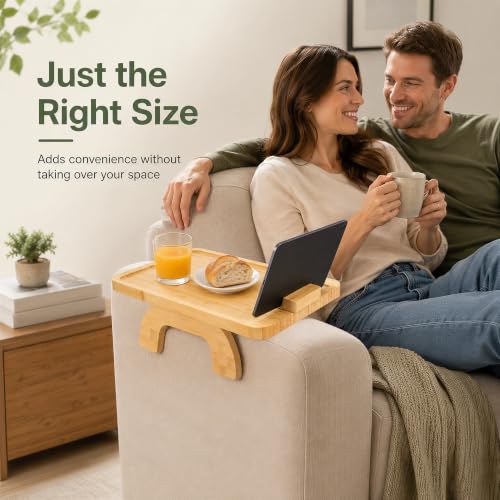 UPABLUNSO 1-Pack Couch Arm Tray Table, Bamboo Clip-On Sofa Armrest Snack Tray, Square with 360° Phone Holder, Collapsible Cozy Sofa Armrest Tray Bamboo Side Table for Drinks, Food or Something Else - color: Square Natutal