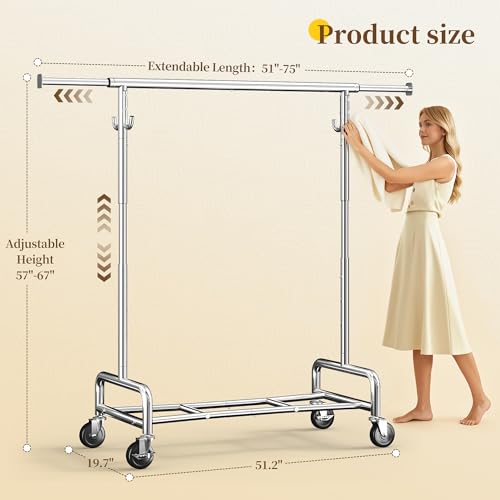 Raybee 75"Wide Clothes Rack with 4 Extra Hooks Sturdy Rolling Clothing Rack | 450LBS Capacity, Stainless Steel, Extendable Hanging Rod, 360° Lockable Wheels, Height Adjustable, 15-Min Tool-free Assembly - color: Chrome, style: Rod Shelf