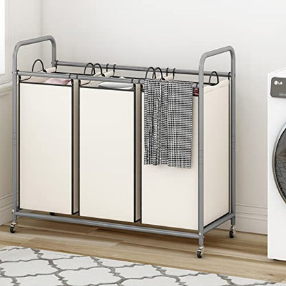 LINZINAR 3 Section Laundry Hamper, Beige Laundry Basket 135L Laundry Sorter | Laundry Room Organization with Heavy Duty Rolling Lockable Wheels and Removable Bag, Bedroom Laundry Cart for Clothes Storage - size: 3 Bags Beige
