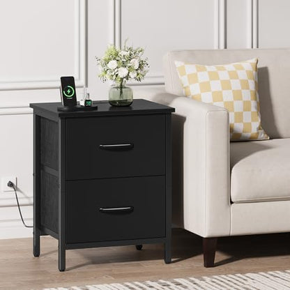 Vagusicc Nightstand Set of 2 with Charging Station, End Table Bedside Table with Power Outlet & USB Ports, Side Table with 2 Fabric Drawers for Bedroom, Living Room, Black - color: Black (2 Pack)