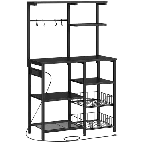 HOOBRO Large Bakers Rack with Power Outlets, 6-Tier Microwave Stand with 4 Hooks, Coffee Bar, Kitchen Shelf with Wire Basket, for Kitchen, Living Room, Office, Black BB64UHB01 - color: Black