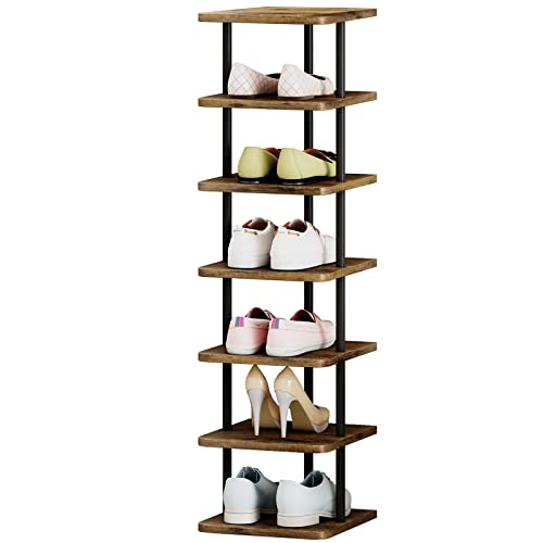 Shoe Rack Storage Vertical Narrow Shoe Organizer Shelf 7 Tier | Metal Slim Shelf,Modern Minimalist Free Standing Shoe Tower, Saving Space for Closet,Entryway,Bedroom,Black+Rustic Brown - color: Black+rustic Brown, size: 7 Tier-Single Row