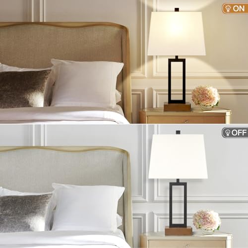 Rinweey 23.5" Table Lamps Set of 2, Modern Black Bedside Lamps with 2 USB Ports & AC Outlet, Contemporary Nightstand Lamps with Wood Base for Bedroom Living Room(LED Bulb Included) - color: Black