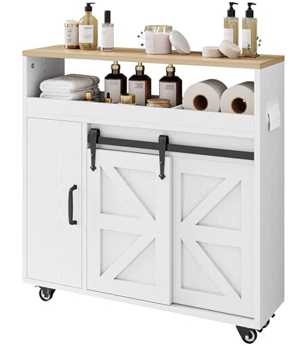 IRONCK Toilet Paper Cabinet, Slim Bathroom Cabinet with 4 Rolling Wheels, Farmhouse Slim Storage Cart with Paper Holes, Sliding Doors and Adjustable Shelf for Small Space, White/Natural