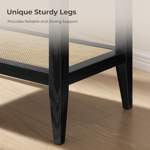 SICOTAS Rattan Nightstand Bedside Table - Farmhouse Boho Narrow Accent End Table with 2 Open Shelves for Bedroom, Living Room, Small Spaces - Black Oak - color: Black Oak, size: 1 Piece