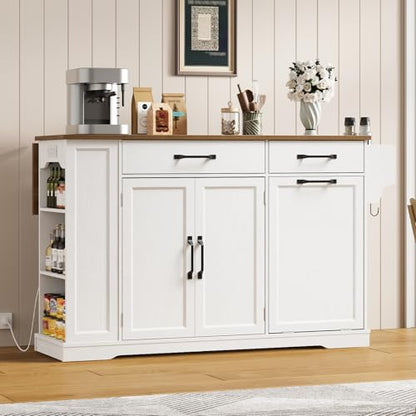RALGEND Kitchen Island with Power Outlet & Drop Leaf, Rolling Storage Cart with Trash Storage Cabinet, Farmhouse Mobile Island Table for Kitchen, Dining Room, Hidden Casters, White and Walnut - color: White + Walnut
