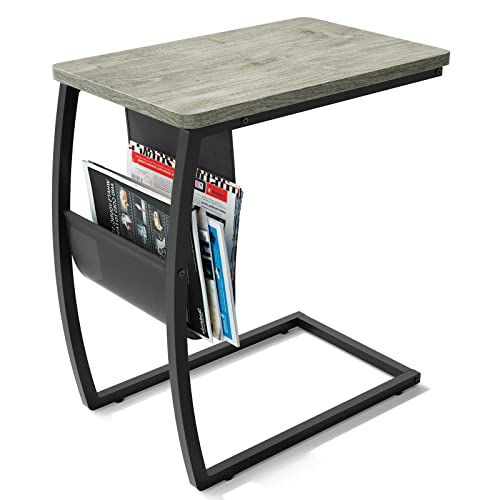 SRIWATANA Side End Tables Living Room, Vintage C-Shaped Laptop Table for Couch, Snack Table with Side Pocket, Light Grey - color: Grey