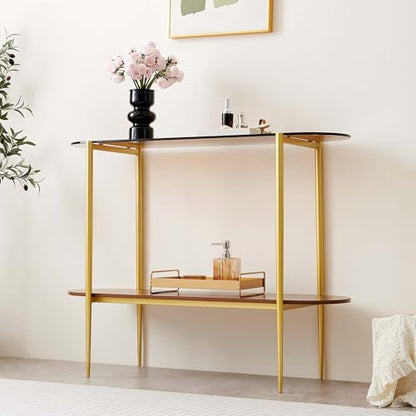 LumFurn Oval Glass Console Table for Living Room, Foyer & Entrance, 2-Tiers Mid-Century Modern Sofa Table with Amber Glass Top, Walnut Finish Wood Top and Gold Finish Metal Frame - color: Amber & Walnut, size: L41" Oval Sofa Table