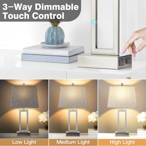 Rinweey 23.5" Touch Control Table Lamps Set of 2, Modern Silver Bedside Lamps with USB A+C Ports & AC Outlet, 3 Way Dimmable Contemporary Nightstand Lamps for Bedroom Living Room(2 LED Bulb Included) - color: Silver