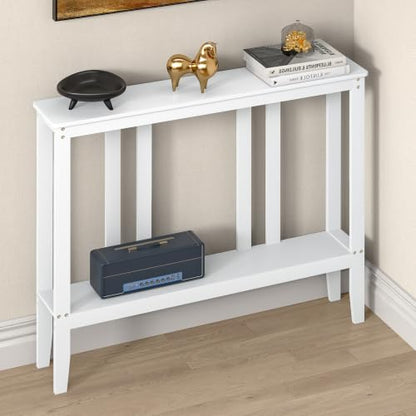 ELYKEN Bamboo 2-Tier Narrow Console Table, 36.2" Long Slim Hallway Table | Sofa Table Behind Couch with Storage Shelf for Entryway, Living Room, Foyer - color: White