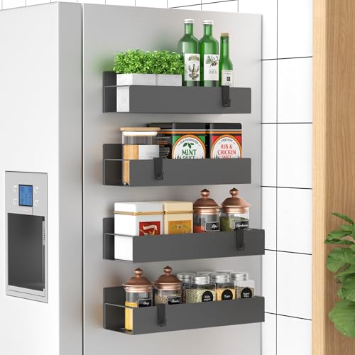 Metal Magnetic Spice Rack for Refrigerator Dark Gray, 4 Pack | Magnetic Shelves Heavy Duty for Fridge in Kitchen, Seasoning Storage Organizer, For Oven Washer and Dryer, For Heavier Items - color: Dark Grey, size: 4 Pack