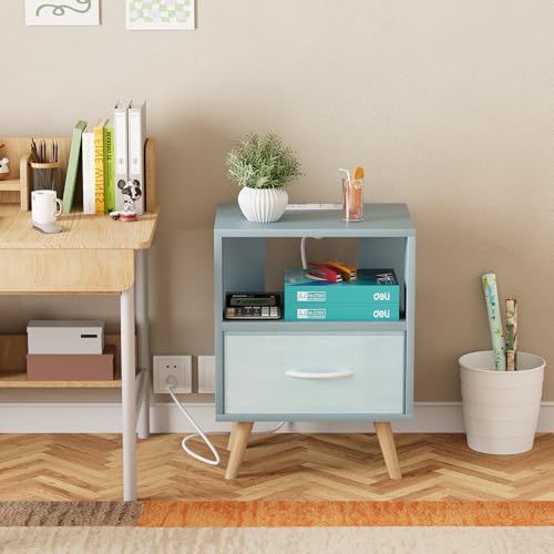 Huhote Kids Nightstand, 2-Tier Night Stand with Charging Station and Drawer, Modern Side Table for Bedroom, Study Room, Small Spaces, Blue - color: Blue, size: 2-Tier with Charging